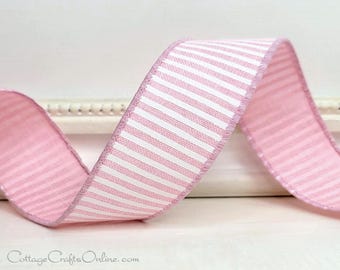 Pink and White Striped Wired  Ribbon, 1.5" wide, Ten Yard Roll ~ Pins  Narrow Stripe 9 ~