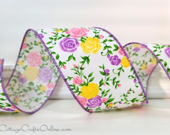 Wired Ribbon, 2.5", Ten Yard Roll, Lavender, Yellow, Pink Mini Flowers, Floral Print ~ Rose Bouquet Lilac 40 ~ Spring, Easter Wire Edge