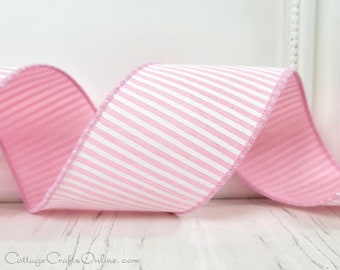 Pink and White Striped Wired  Ribbon, 2.5" wide, Ten Yard Roll ~  Narrow Stripe 40 ~ Horizontal Stripe Wire Edged Ribbon