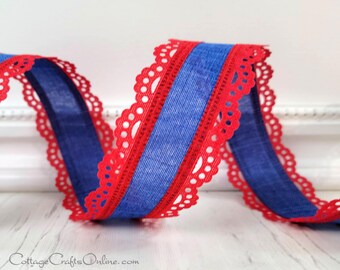 Patriotic Wired Ribbon, 1.5" wide, Red Scalloped Lace Eyelet Edge, Royal Blue Linen Style - TEN YARD ROLL ~ Julia  ~ Divinely Royal Ribbon