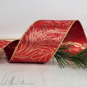 Christmas Wired Ribbon,  Red and Gold Jacquard, Ten Yard Roll ~ Plaza ~  Wire Edged Ribbon
