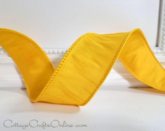 Wired Ribbon, 1 1/2 wide,  Golden Mustard Yellow Faux Dupioni - TEN YARD ROLL ~ Silkie Golden Yellow ~  Silk Look, Spring, Summer Wire Edged