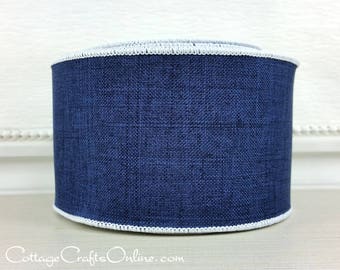 Wired Ribbon, 2.5" Navy Blue Linen Look, White Edge  - TEN YARD ROLL  ~ Bandbox Navy 40 ~ Divinely Royal Spring Summer Wire Edged Ribbon