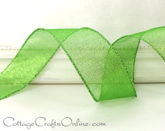 THREE YARDS,  1.5" wide, Lime Green Metallic Semi-Sheer Wire Edge ~ Sheer Lines ~ Christmas, St. Patrick's, Easter Spring Wire Edged Ribbon