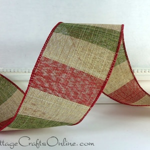 THREE  YARDS, Christmas Wired Ribbon,  2.5 inches wide, Red, Natural Tan and Green Stripe ~ Striped Lodge ~ Rustic, Prim  Wire Edged Ribbon