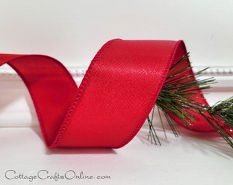 Wired Ribbon,  1.5" wide, Scarlet Red Satin - TEN YARD ROLL ~ Courtly Scarlet 9 ~  Christmas, Valentine's Day Wire Edged Ribbon