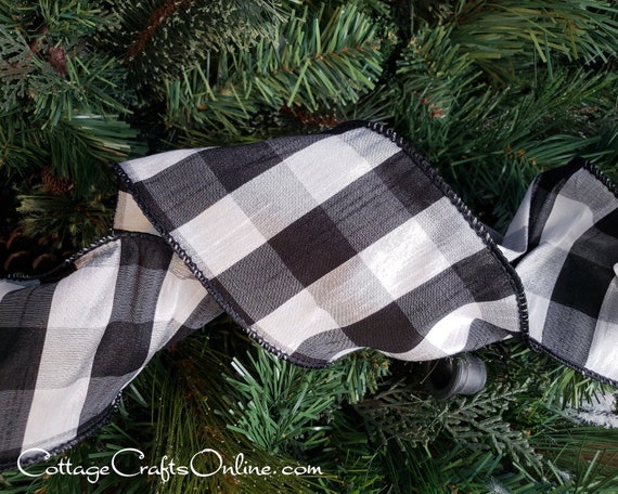 Black Plaid Ribbon with Wired Edge & Silver Accents, 10 yard