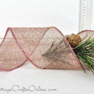 Christmas Wired Ribbon, 2.5&quot;, Rose Gold Pink Iridescent Metallic Semi Sheer Mesh - TEN YARD ROLL ~ Fonda ~ Offray, Wire Edged Ribbon