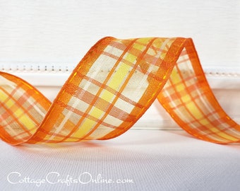 FIVE YARDS, Wired Ribbon, 1.5" wide, Orange, Yellow, White Semi-Sheer Plaid, Offray ~ Calix ~ Check, Spring, Summer Ribbon