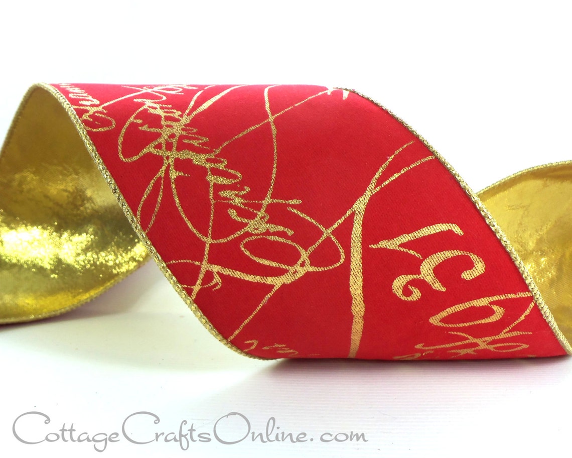 Wired Ribbon 4 Red Velvet Gold Script Metallic Back Etsy