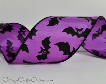THREE YARDS, Halloween Wired Ribbon,   2.5"  wide, Black Bats on Purple Satin -  Offray  ~ Batty 3 ~ Craft Decor Wire Edged Ribbon
