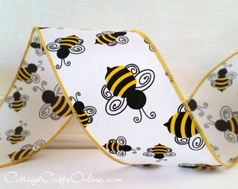 Wired Ribbon 2.5" Black and Yellow Bumble Bees on White Satin - TEN YARD ROLL ~ Bumblebee Flight ~ Spring, SummerWire Edged Ribbon