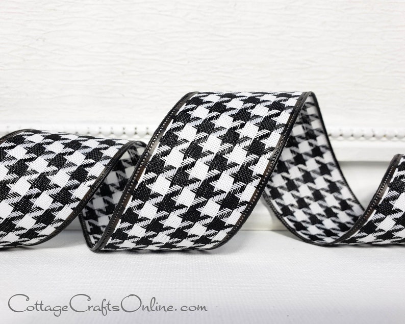 Wired Ribbon, 1.5, Black and White Houndstooth TEN YARD ROLL Large Houndstooth Check Christmas Craft Wire Edged Ribbon image 2