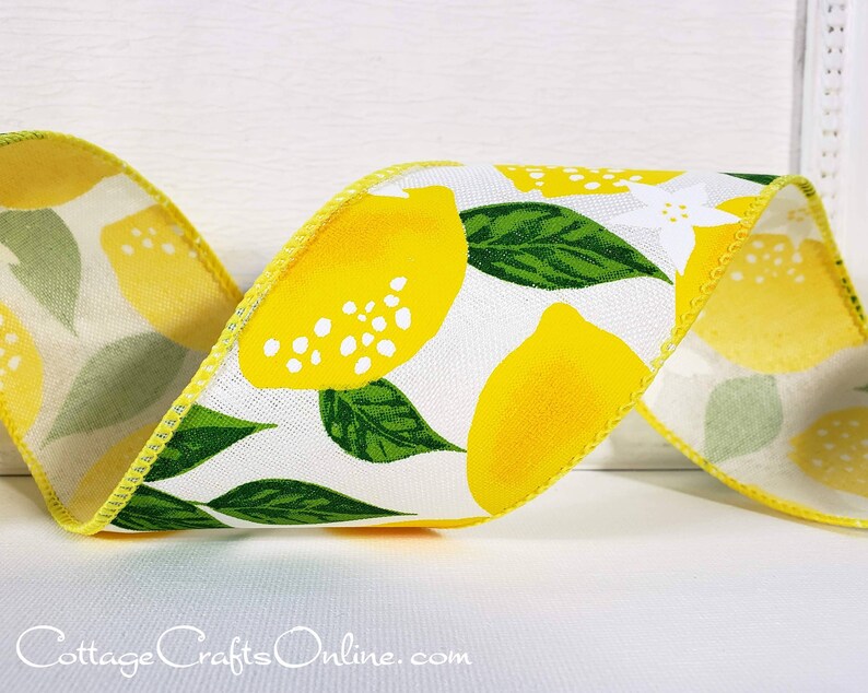 Wired Ribbon, 2.5 wide, Yellow Lemon Print, TEN YARD ROLL Lemons White Spring, Summer, Fruit Print Wire Edged Ribbon image 2