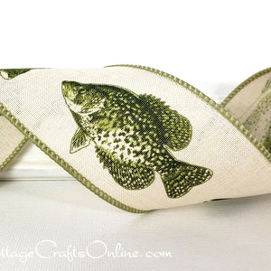 Wired Ribbon, 2.5" wide,  Green Fish Print on Cream  - TEN YARD ROLL ~ Fish Ivory ~  Craft Wire Edged Ribbon