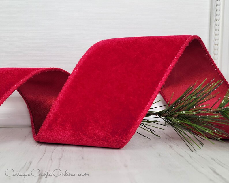 Christmas Wired Ribbon, 2.5 wide, Cranberry Velvet, Satin Back TEN YARD ROLL Lowell 40 Red Craft Wire Edged Ribbon image 1