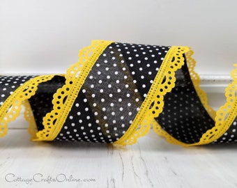 Scalloped Edged Wired Ribbon, 2.5", Black Dotted Swiss, Yellow Lace Edge  - TEN YARD ROLL ~ Julia Dot 40 ~ Spring, Summer Craft Wire Ribbon