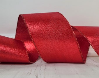 Wired Ribbon, 2.5" wide, Red Metallic - TEN YARD ROLL ~ Glow ~ Valentine's Day, July 4th, Christmas Wire Edged Ribbon