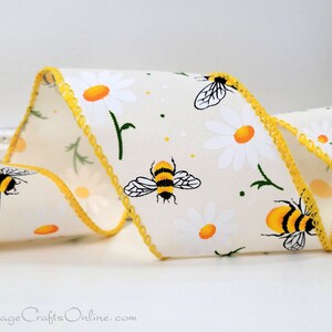 Wired Ribbon 2.5 Bumble Bees and White Daisies on White Twill TEN YARD Roll Bee Daisy Spring, Summer image 2