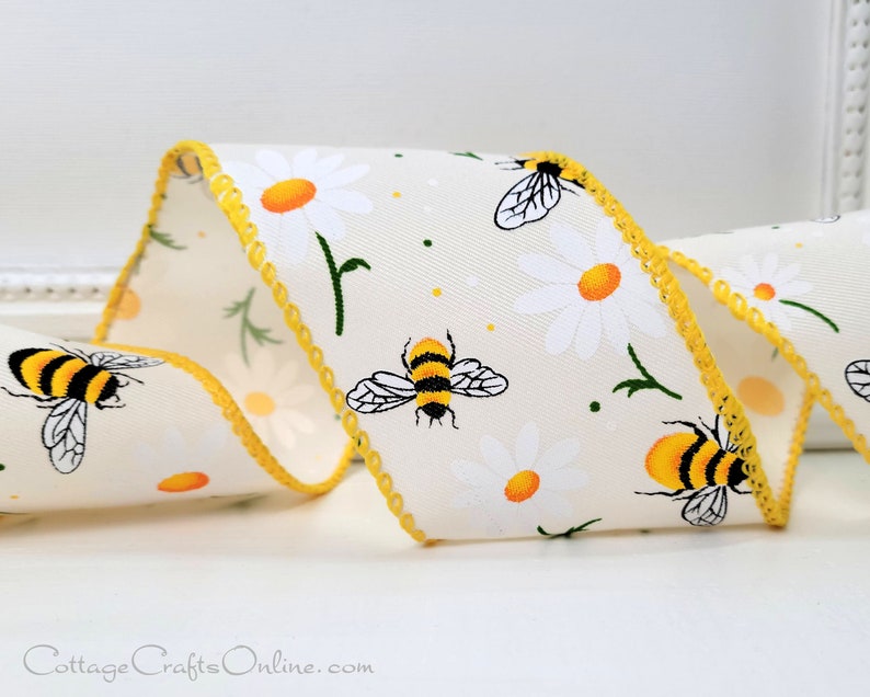 Wired Ribbon 2.5 Bumble Bees and White Daisies on White Twill TEN YARD Roll Bee Daisy Spring, Summer image 2