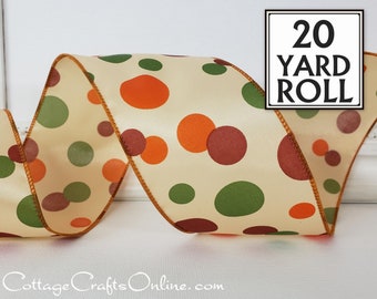 Fall Wired Ribbon, 2.5" x TWENTY YARD ROLL, Orange, Green and Brown Polka Dots ~ Fall Dots ~ Autumn, Thanksgiving Wire Edged Ribbon