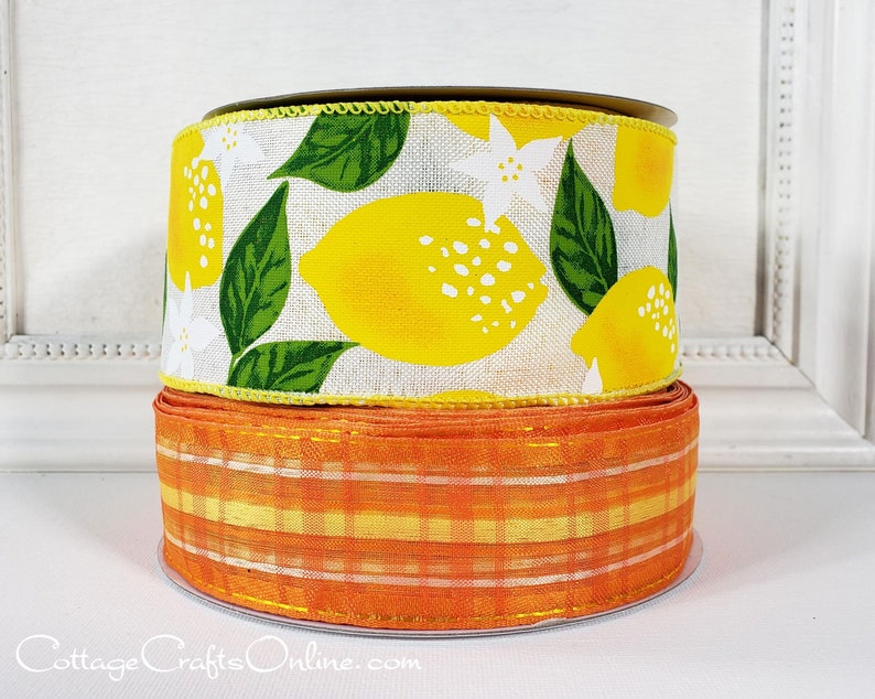 Wired Ribbon, 2.5 wide, Yellow Lemon Print, TEN YARD ROLL Lemons White Spring, Summer, Fruit Print Wire Edged Ribbon image 6