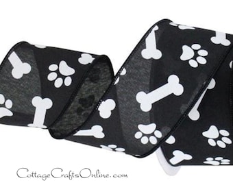 Wired Ribbon, 2.5" White Paw Print on Black Linen Look ~ TEN YARD ROLL ~ Paw & Bone ~ Spring, Summer, Animal Paws, Dog, Wire Edged Ribbon