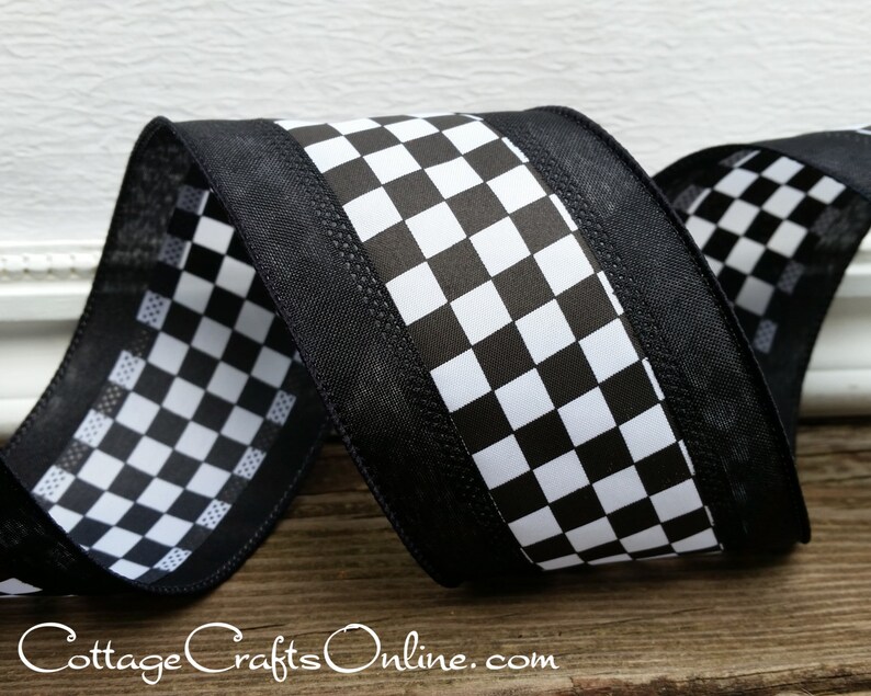 Wired Ribbon 2 1/2 Black and White Check Plaid Black Etsy