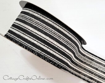 d. Stevens Wired Ribbon, 2.5", Black and Ivory Open Weave Stripe - TEN YARD ROLL ~ Verna Stripe 40 ~  Fall Burlap Style Wire Edged Ribbon