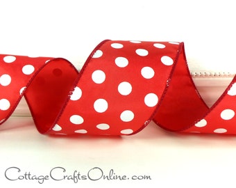 THREE YARDS, Wired Ribbon, 2 1/2"  wide, Red and White Polka Dot ~ Peppermint Dot ~ Christmas, Valentine, July 4th Wire Edged Ribbon