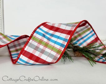 Christmas Wired Ribbon, 2.5",  Blue, Red, Green, Grey, White Faux Dupioni Tartan Stripe - TEN YARD ROLL ~ Flambeau 40 ~ Wire Edged Ribbon