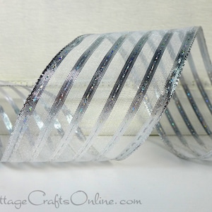 THREE YARDS Wired Ribbon, 2.5&quot; wide, Silver Metallic Stripes ~ Metallica Stripe 40 ~ Christmas  Craft Wire Edged Ribbon