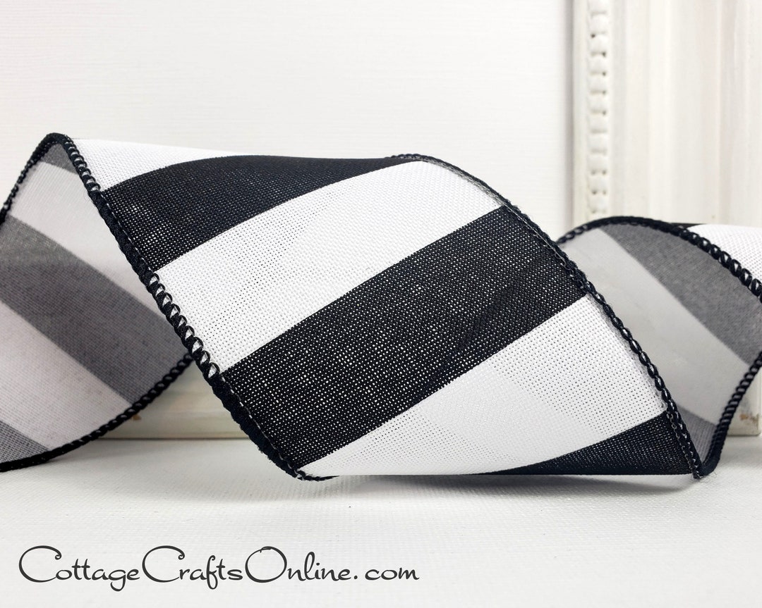 Striped Wired Ribbon, 2.5, Black and White Linen Style TEN YARD Roll
