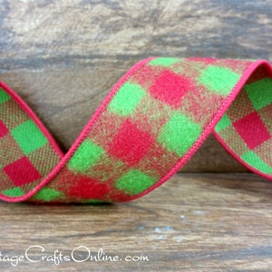 Buffalo Plaid Christmas Wired Ribbon, 1.5 Red, Lime Green Check Flannel TEN YARD ROLL Buffalo Beau 9 Apple Green Wire Edged Ribbon image 3