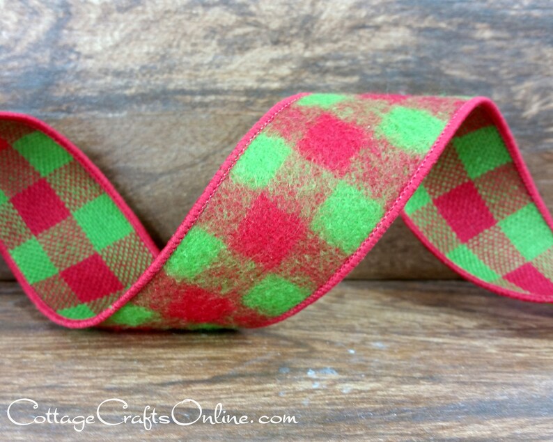 Buffalo Plaid Christmas Wired Ribbon, 1.5 Red, Lime Green Check Flannel TEN YARD ROLL Buffalo Beau 9 Apple Green Wire Edged Ribbon image 3