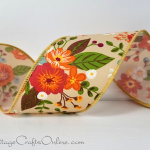 Wired Ribbon,  2.5", Yellow, Orange, White Floral on Tan - TEN YARD ROLL ~ Stratford Tan Flower 40 ~ Fall, Autumn, Thanksgiving Wire Edge