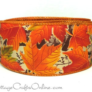 THREE YARDS Fall Wired Ribbon, 2.5 wide, Orange Maple Leaf Pattern Allegheny 40 Autumn, Thanksgiving Craft Wire Edged Ribbon image 3