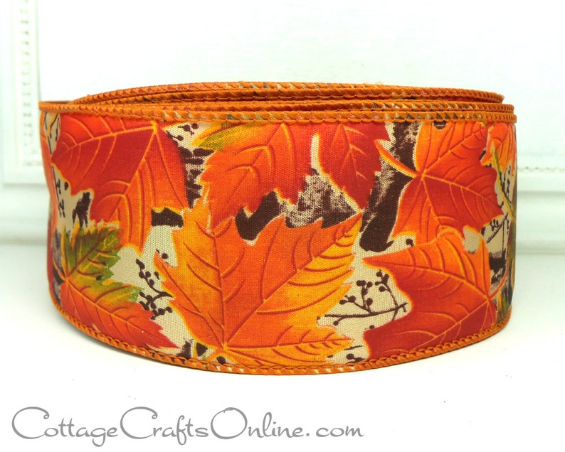 THREE YARDS Fall Wired Ribbon, 2.5 wide, Orange Maple Leaf Pattern Allegheny 40 Autumn, Thanksgiving Craft Wire Edged Ribbon image 3