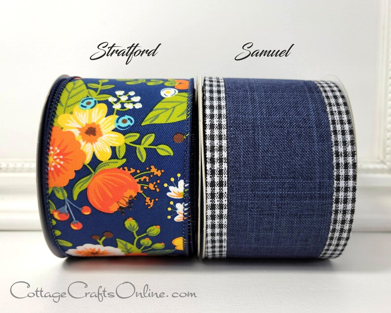 May include: Two rolls of ribbon, one with a floral print and the other with a blue and white gingham trim. The floral ribbon is called "Stratford" and the gingham ribbon is called "Samuel".
