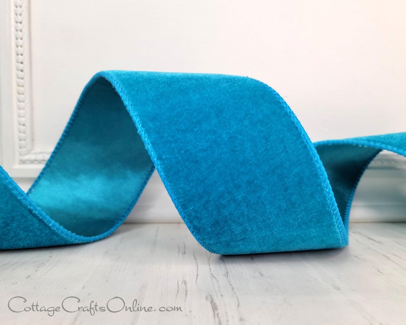 Wired Ribbon, 2.5 wide, Teal Blue Velvet, Satin Back TEN YARD ROLL Lowell 40 Turquoise Christmas, July 4th Craft Wire Edged Ribbon image 2