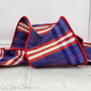 Wired Ribbon, 4" Red, White, Blue Plaid Faux Dupioni, TEN YARD ROLL, d. stevens ~ Adams 100 ~ Plaid, July 4th, Patriotic Wired Edge Ribbon