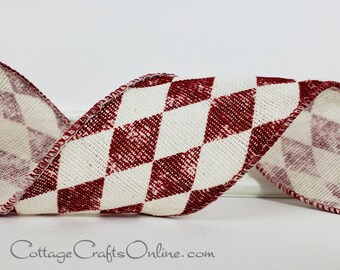 Wired Ribbon, 2.5", Red, Natural Cream Harlequin Diamond - TEN YARD Roll ~ Vintage Jester 40 ~  Valentine, July 4th Ribbon