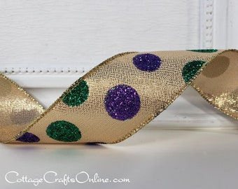 Wired Ribbon, 1.5" wide, Purple, Green Glitter, Gold Metallic - TEN YARD ROLL ~ New Orleans Dot 9 ~  Wire Edged Ribbon