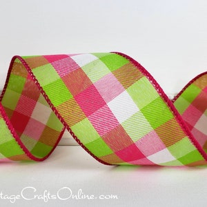 THREE YARDS, Wired Ribbon, 2.5 wide, Pink, Green, White Check Twill Plaid Watermelon Breeze Celine Spring, Summer Wire Edged Ribbon image 1