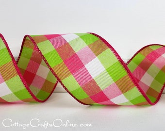 THREE YARDS, Wired Ribbon, 2.5" wide, Pink, Green, White Check Twill Plaid ~ Watermelon Breeze Celine ~ Spring, Summer Wire Edged Ribbon