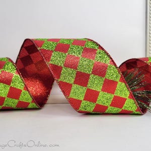 Christmas Wired Ribbon, 2 .5 inches, Lime Green Glitter, Red Metallic Harlequin - Ten Yard Roll ~ Court Jester Mimi