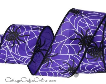 Spider Web Wired Halloween Ribbon, 2.5", Black Spiders, Glitter, Purple Satin  ~ TEN YARD ROLL ~ Stanley Crawler Purple