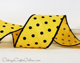 Wired Ribbon, 2.5", Yellow with Black Mini Polka Dots, Black Edge - TEN YARD ROLL ~ Cross Royal Linen Bee Dot 40 ~ Spring, Summer Wire Edge