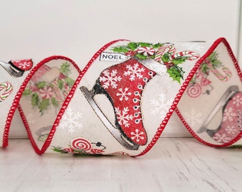 Christmas Wired Ribbon, 2.5",  Ice Skates, Candy Canes, Peppermints - TEN YARD ROLL -  Offray ~ Brinker ~ Red Green Wire Edged Ribbon