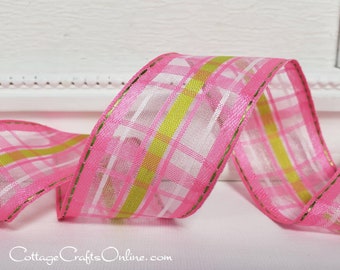 FIVE YARDS, Wired Ribbon, 1.5" wide, Pink, Green, White Semi-Sheer Plaid, Offray  ~ Calix ~ Check, Spring, Summer, Wire Edged Ribbon